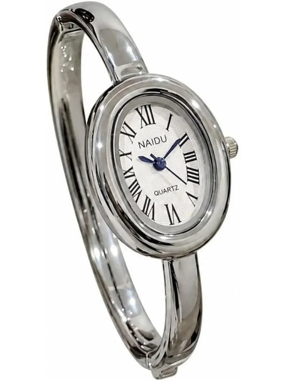 Women's Silver Bangle Bracelet Oval Dial Roman Numeral Elegant Style Wrist Watch